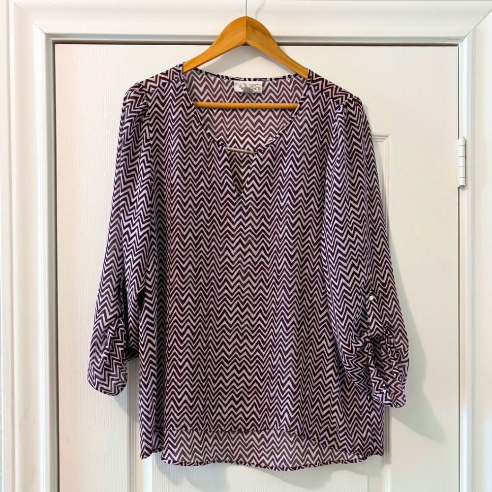 Dress Barn Roll-tab Sleeve Striped Layered Tunic Blouse Burgundy and White XL